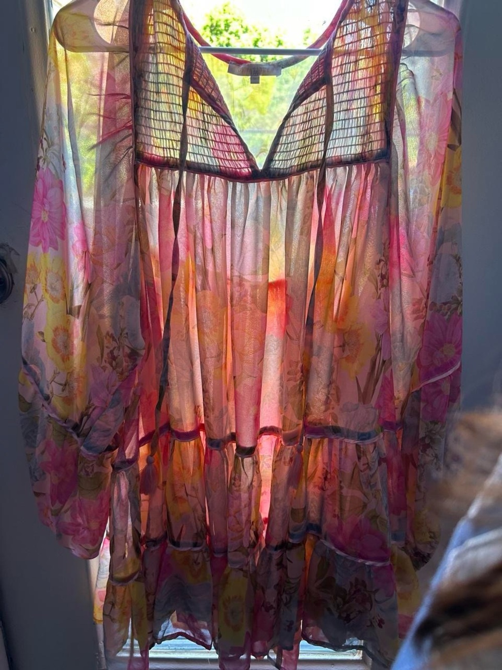 Sheer Floral Tiered Babydoll Dress in Pink & Yellow